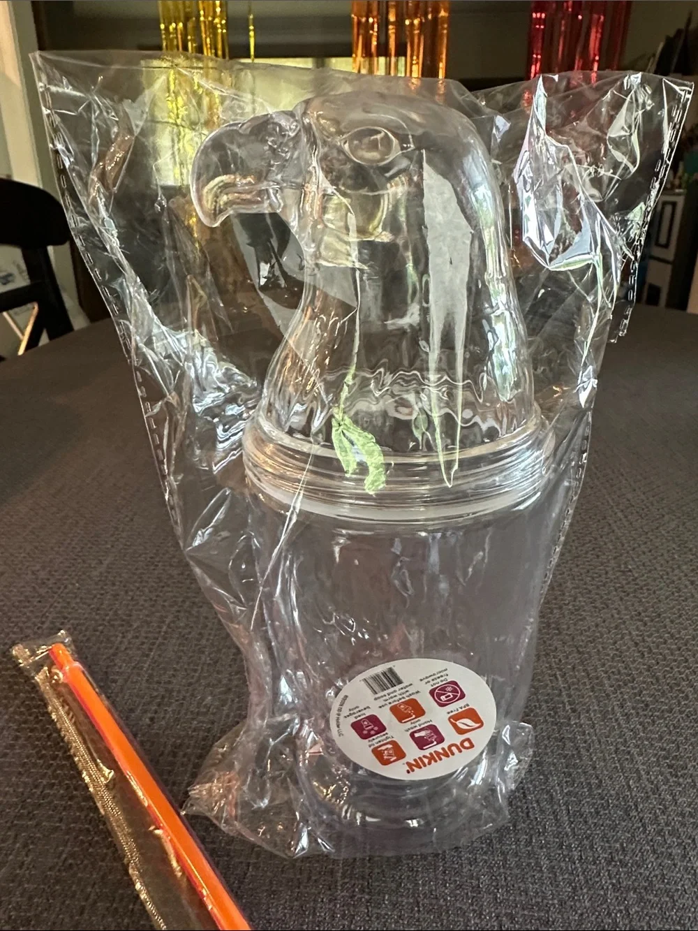 Dunkin Clear Eagle-Top Plastic Tumbler with Neon Straw- NWT
